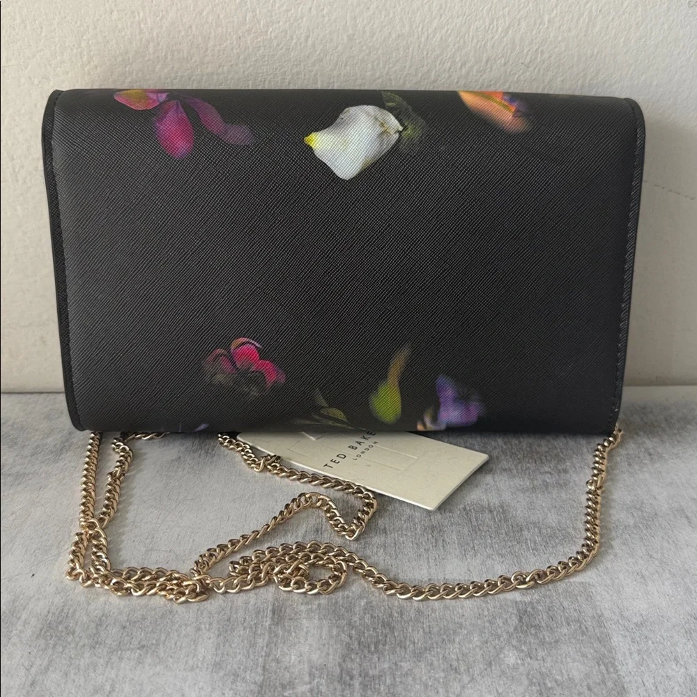 Ted Baker Floral Black Red Chain Clutch Parisa Leather Crossbody